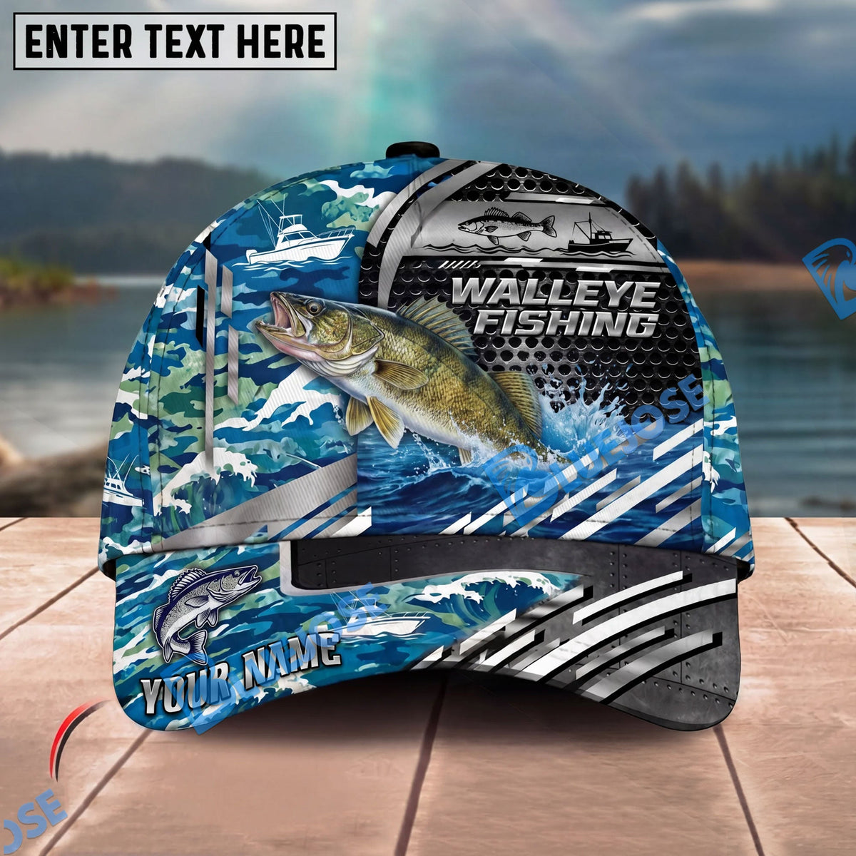 BlueJose Fishing Blue Camouflage Fishing Boat Metal Pattern Personalized Name Classic 3D Cap Personalized Cap (13 Breeds)
