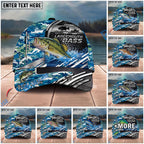 BlueJose Fishing Blue Camouflage Fishing Boat Metal Pattern Personalized Name Classic 3D Cap Personalized Cap (13 Breeds)