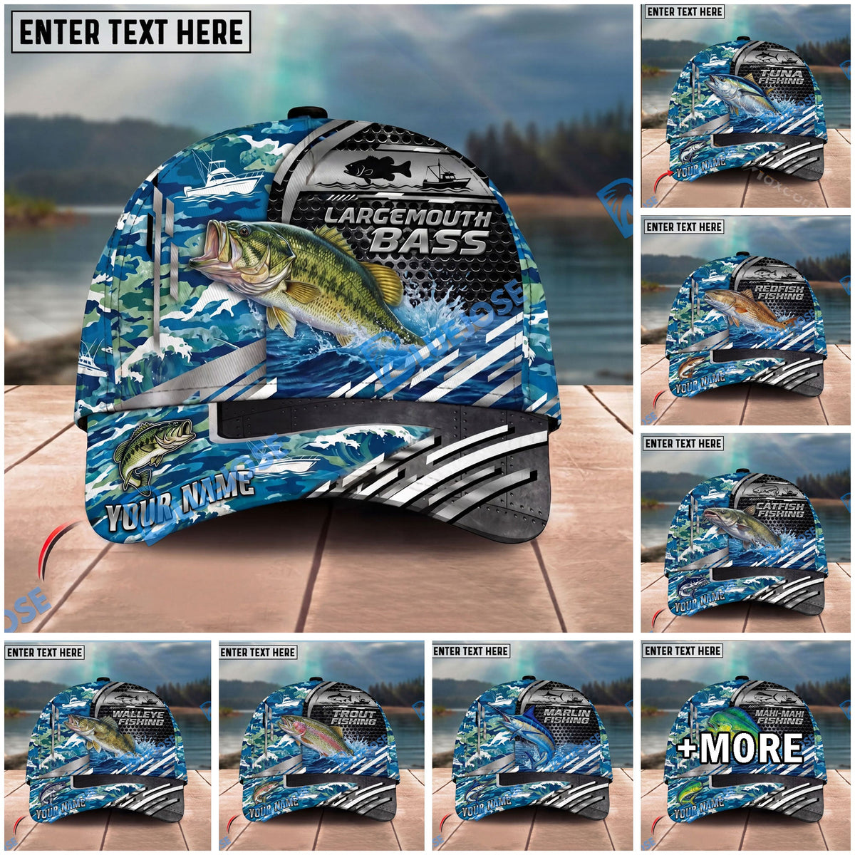 BlueJose Fishing Blue Camouflage Fishing Boat Metal Pattern Personalized Name Classic 3D Cap Personalized Cap (13 Breeds)