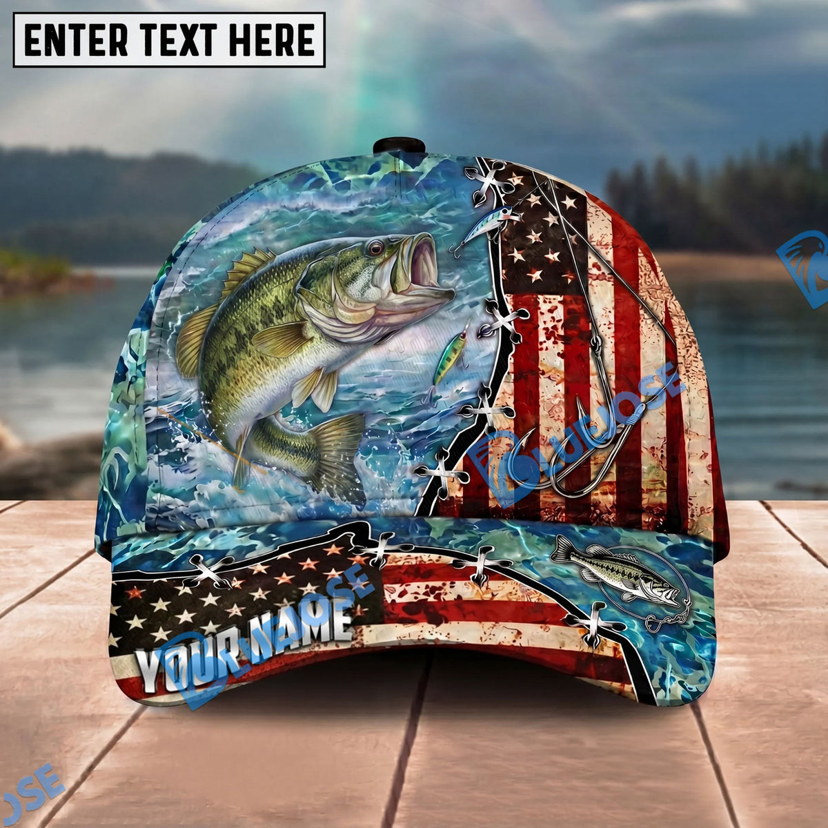 BlueJose Fishing American Flag Fishing Hook Aqua Scene Personalized Name Classic 3D Cap Personalized Cap (13 Breeds)
