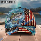 BlueJose Fishing American Flag Fishing Hook Aqua Scene Personalized Name Classic 3D Cap Personalized Cap (13 Breeds)