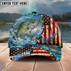 BlueJose Fishing American Flag Fishing Hook Aqua Scene Personalized Name Classic 3D Cap Personalized Cap (13 Breeds)