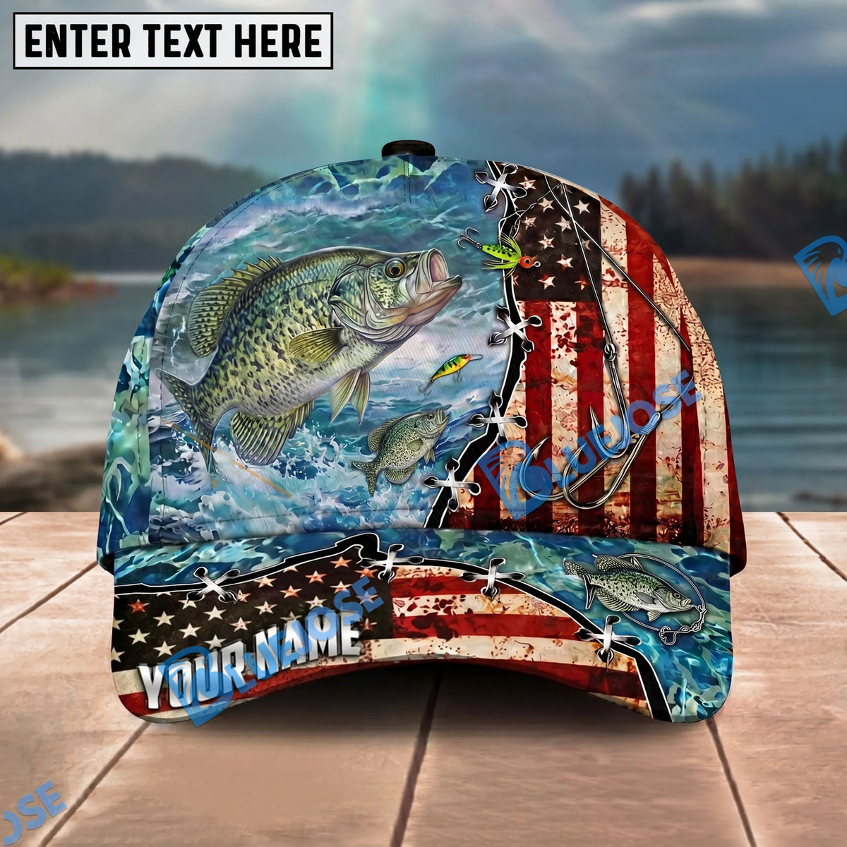 BlueJose Fishing American Flag Fishing Hook Aqua Scene Personalized Name Classic 3D Cap Personalized Cap (13 Breeds)