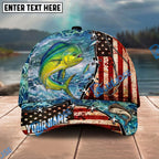 BlueJose Fishing American Flag Fishing Hook Aqua Scene Personalized Name Classic 3D Cap Personalized Cap (13 Breeds)