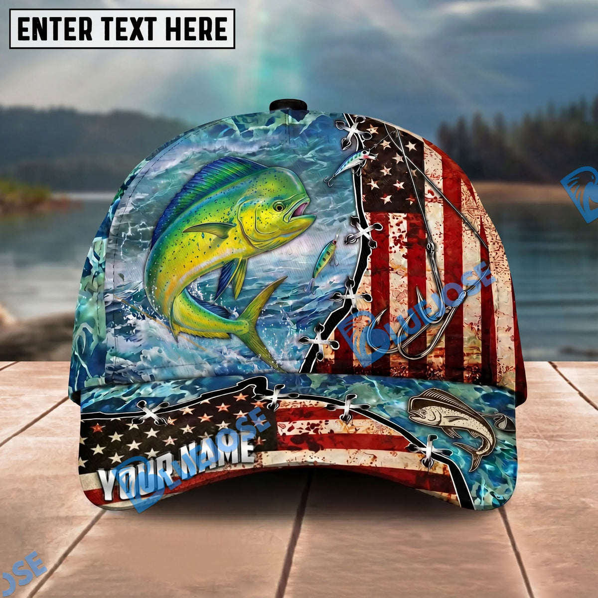 BlueJose Fishing American Flag Fishing Hook Aqua Scene Personalized Name Classic 3D Cap Personalized Cap (13 Breeds)