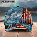 BlueJose Fishing American Flag Fishing Hook Aqua Scene Personalized Name Classic 3D Cap Personalized Cap (13 Breeds)
