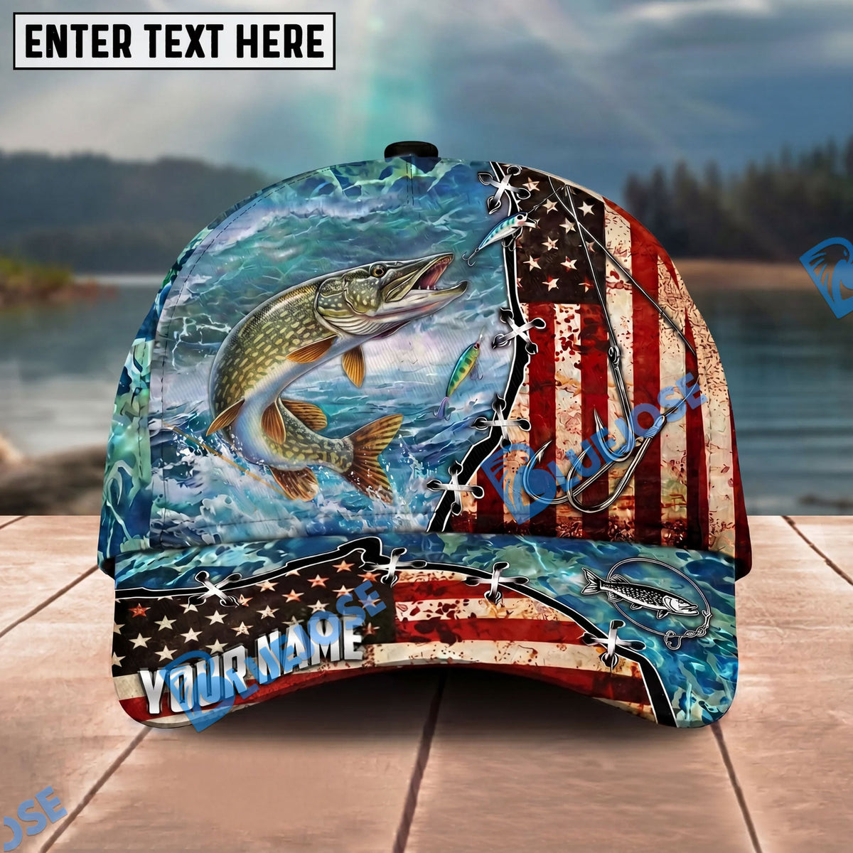 BlueJose Fishing American Flag Fishing Hook Aqua Scene Personalized Name Classic 3D Cap Personalized Cap (13 Breeds)