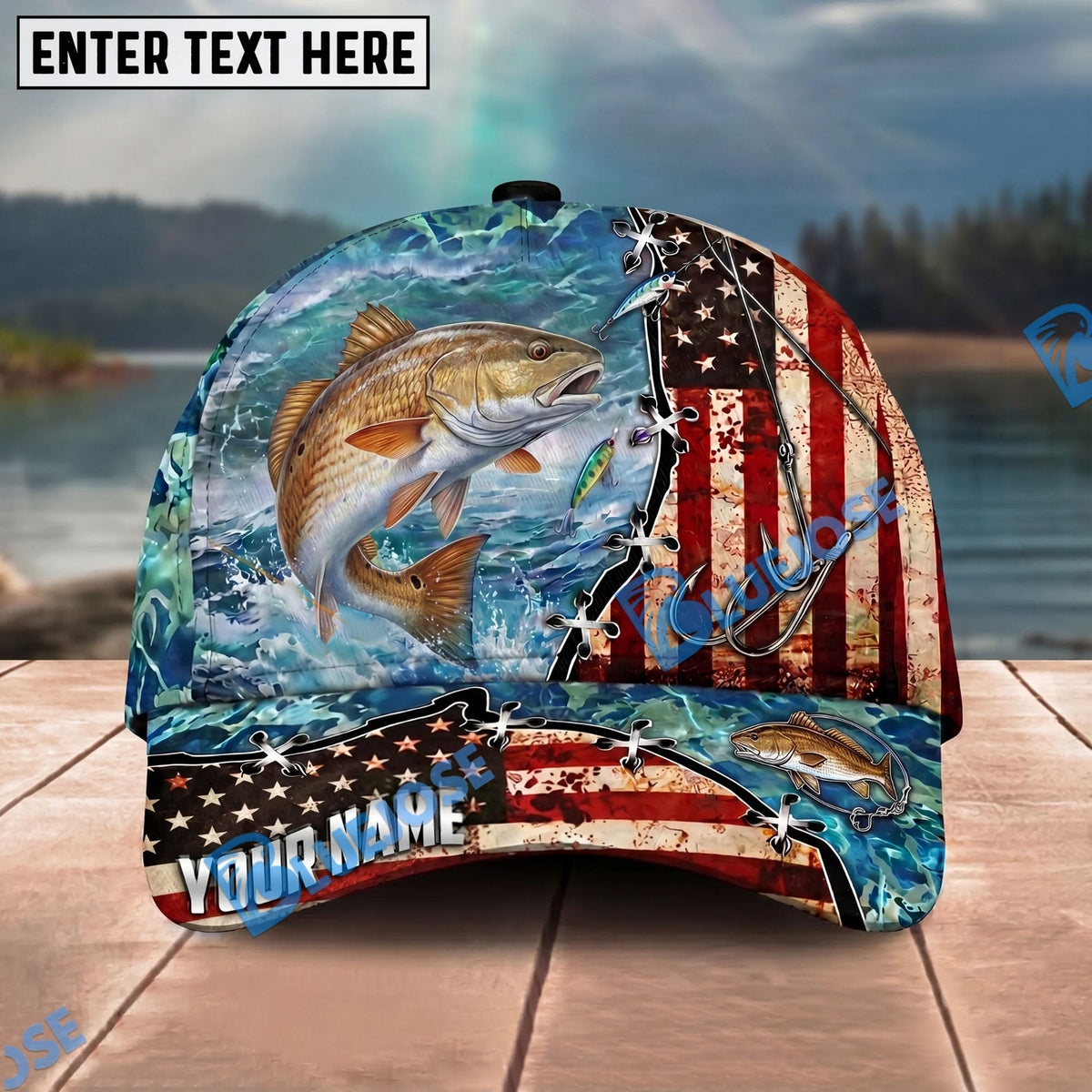 BlueJose Fishing American Flag Fishing Hook Aqua Scene Personalized Name Classic 3D Cap Personalized Cap (13 Breeds)