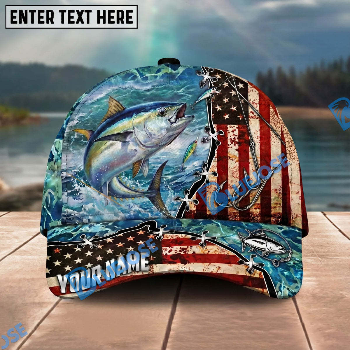 BlueJose Fishing American Flag Fishing Hook Aqua Scene Personalized Name Classic 3D Cap Personalized Cap (13 Breeds)