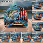 BlueJose Fishing American Flag Fishing Hook Aqua Scene Personalized Name Classic 3D Cap Personalized Cap (13 Breeds)
