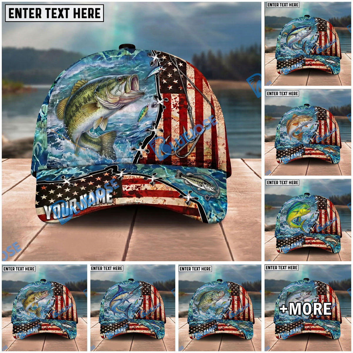 BlueJose Fishing American Flag Fishing Hook Aqua Scene Personalized Name Classic 3D Cap Personalized Cap (13 Breeds)