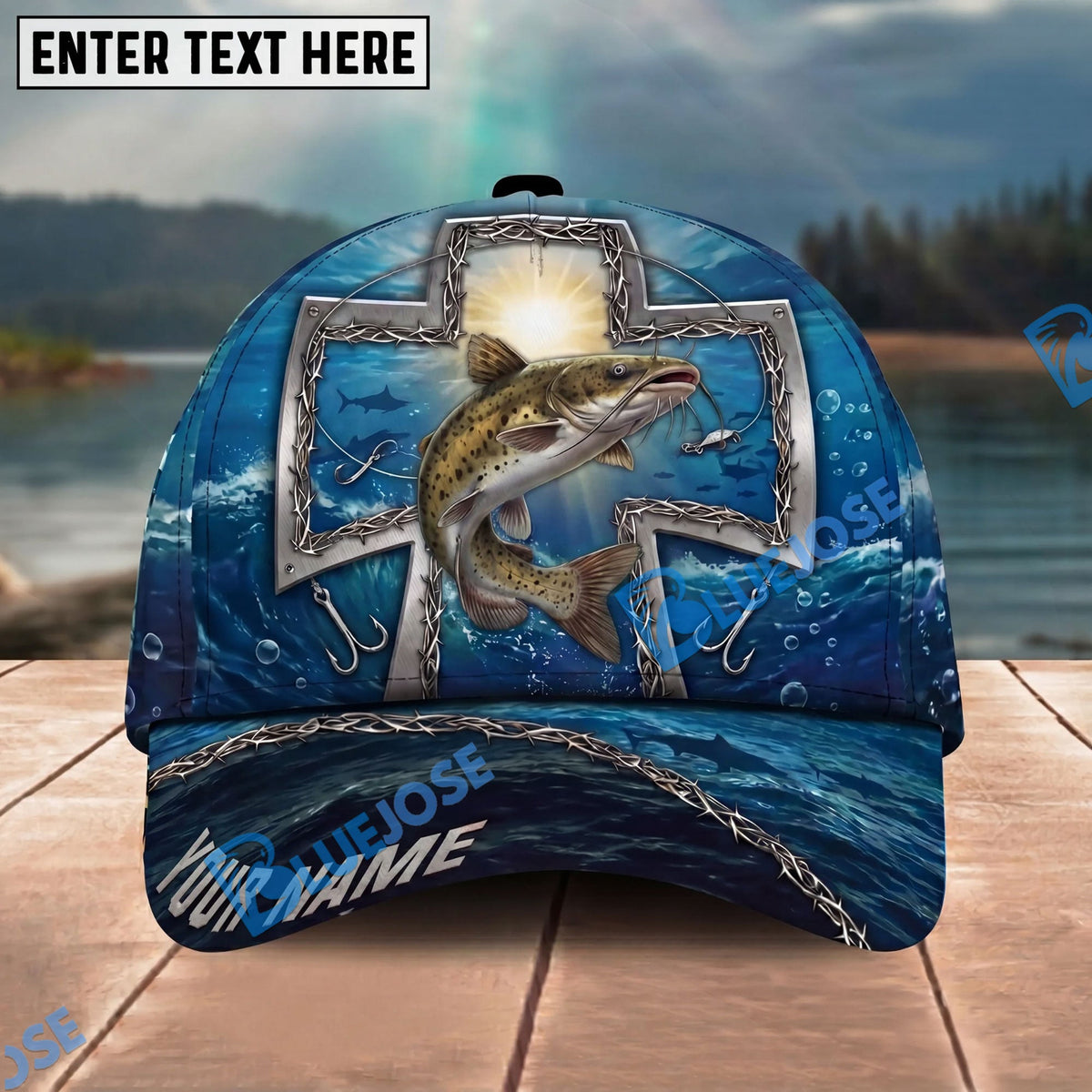 BlueJose Fishing Ocean Metal Cross Christian Personalized Name Classic 3D Cap Personalized Cap (13 Breeds)