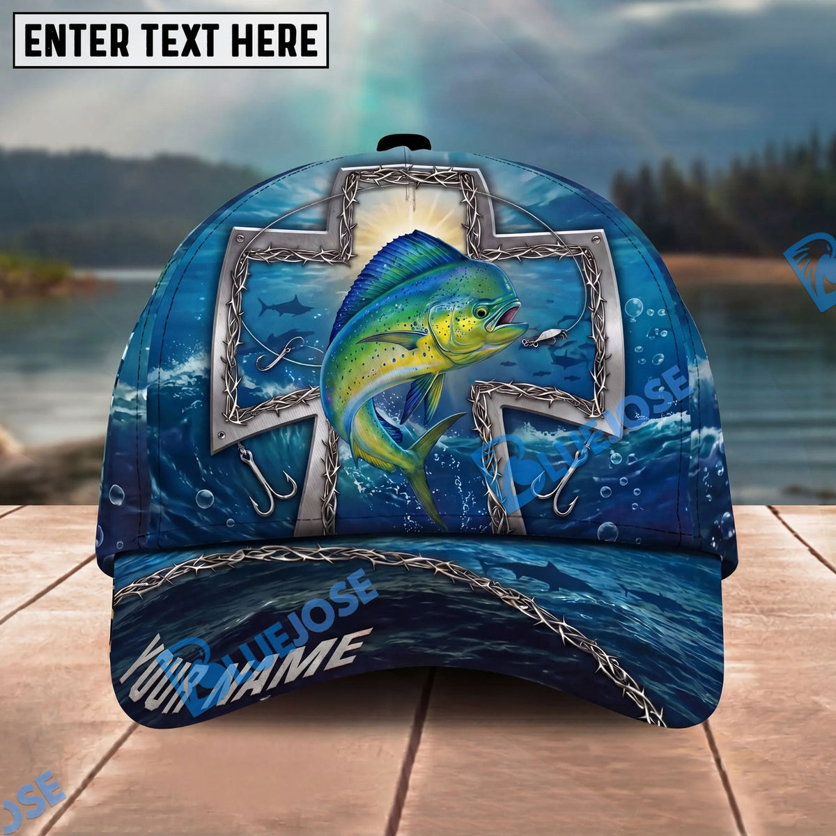BlueJose Fishing Ocean Metal Cross Christian Personalized Name Classic 3D Cap Personalized Cap (13 Breeds)