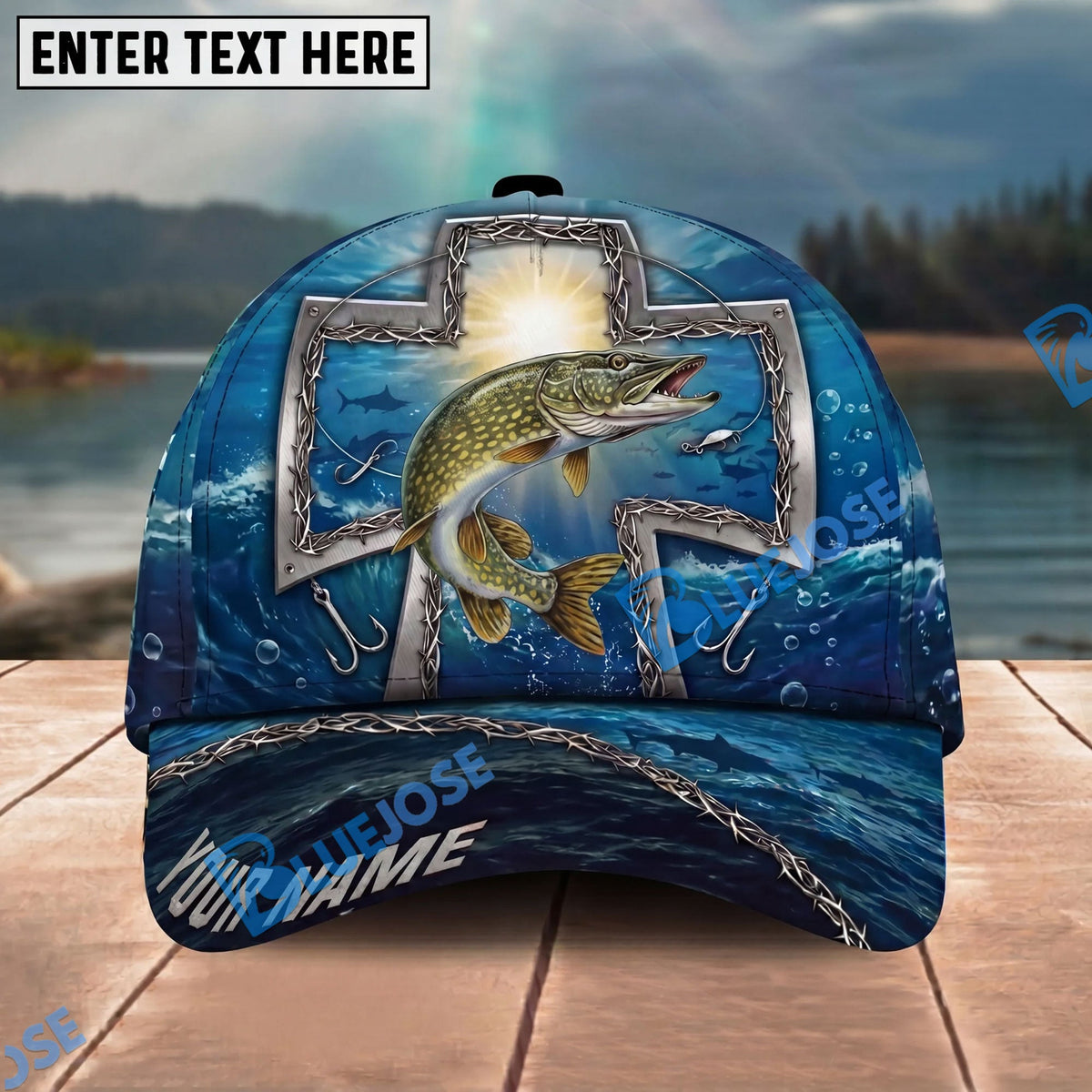 BlueJose Fishing Ocean Metal Cross Christian Personalized Name Classic 3D Cap Personalized Cap (13 Breeds)