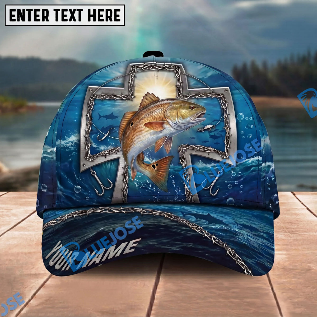 BlueJose Fishing Ocean Metal Cross Christian Personalized Name Classic 3D Cap Personalized Cap (13 Breeds)