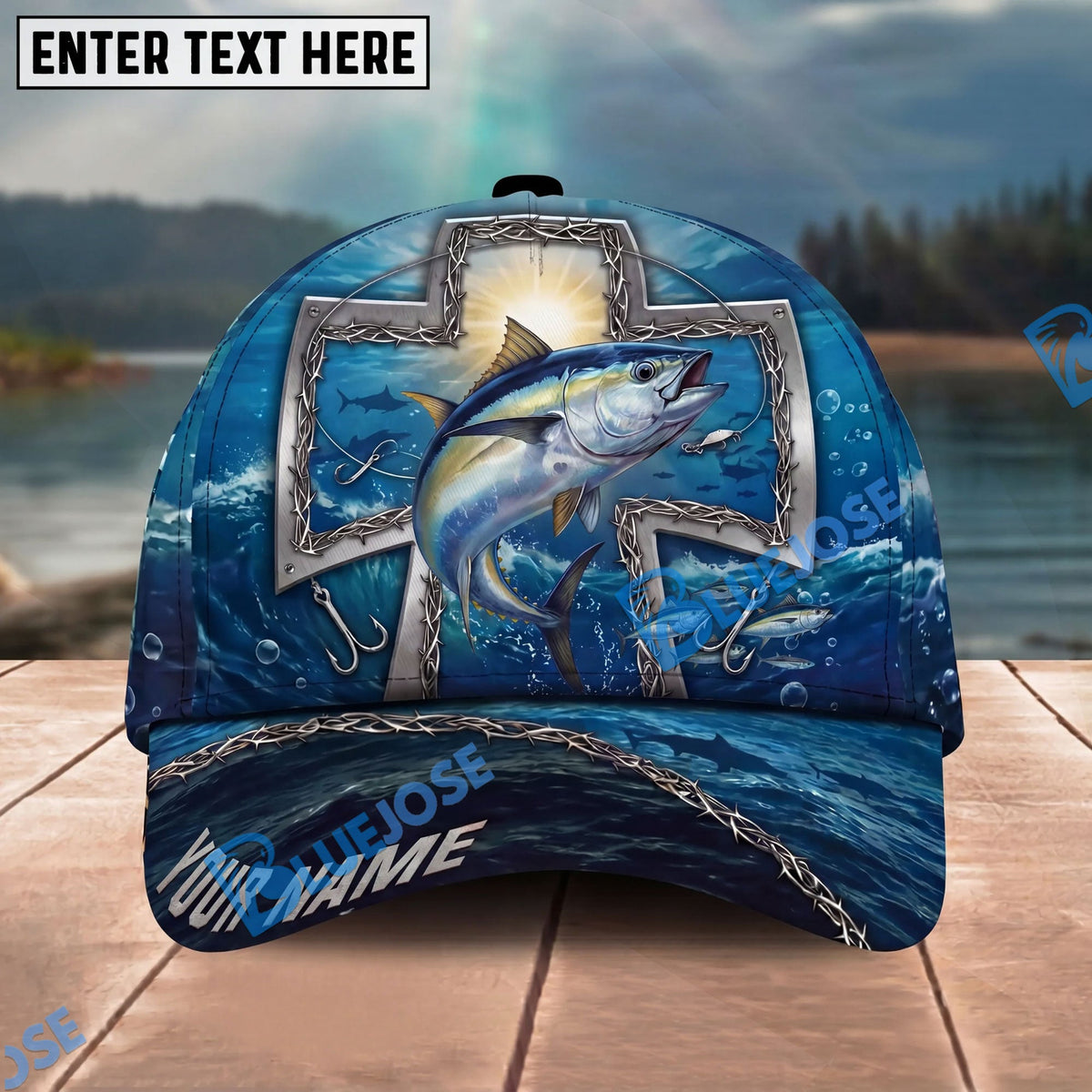 BlueJose Fishing Ocean Metal Cross Christian Personalized Name Classic 3D Cap Personalized Cap (13 Breeds)