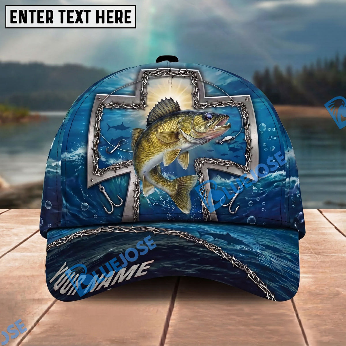 BlueJose Fishing Ocean Metal Cross Christian Personalized Name Classic 3D Cap Personalized Cap (13 Breeds)