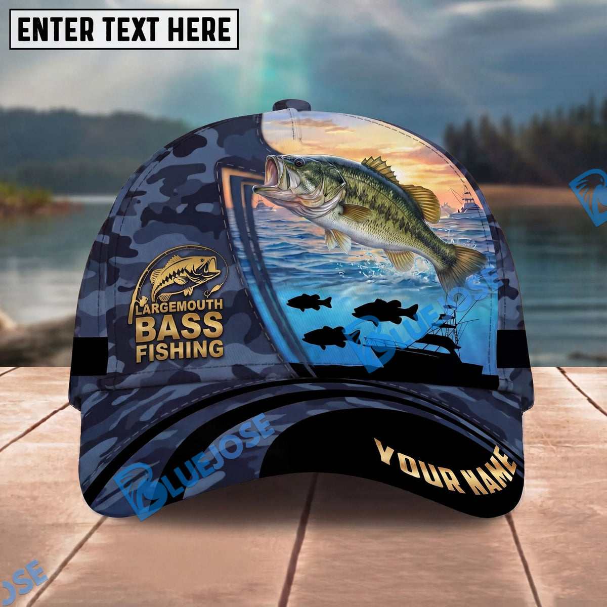BlueJose Fishing Sunset Ocean Navy Camouflage Personalized Name Classic 3D Cap Personalized Cap (13 Breeds)