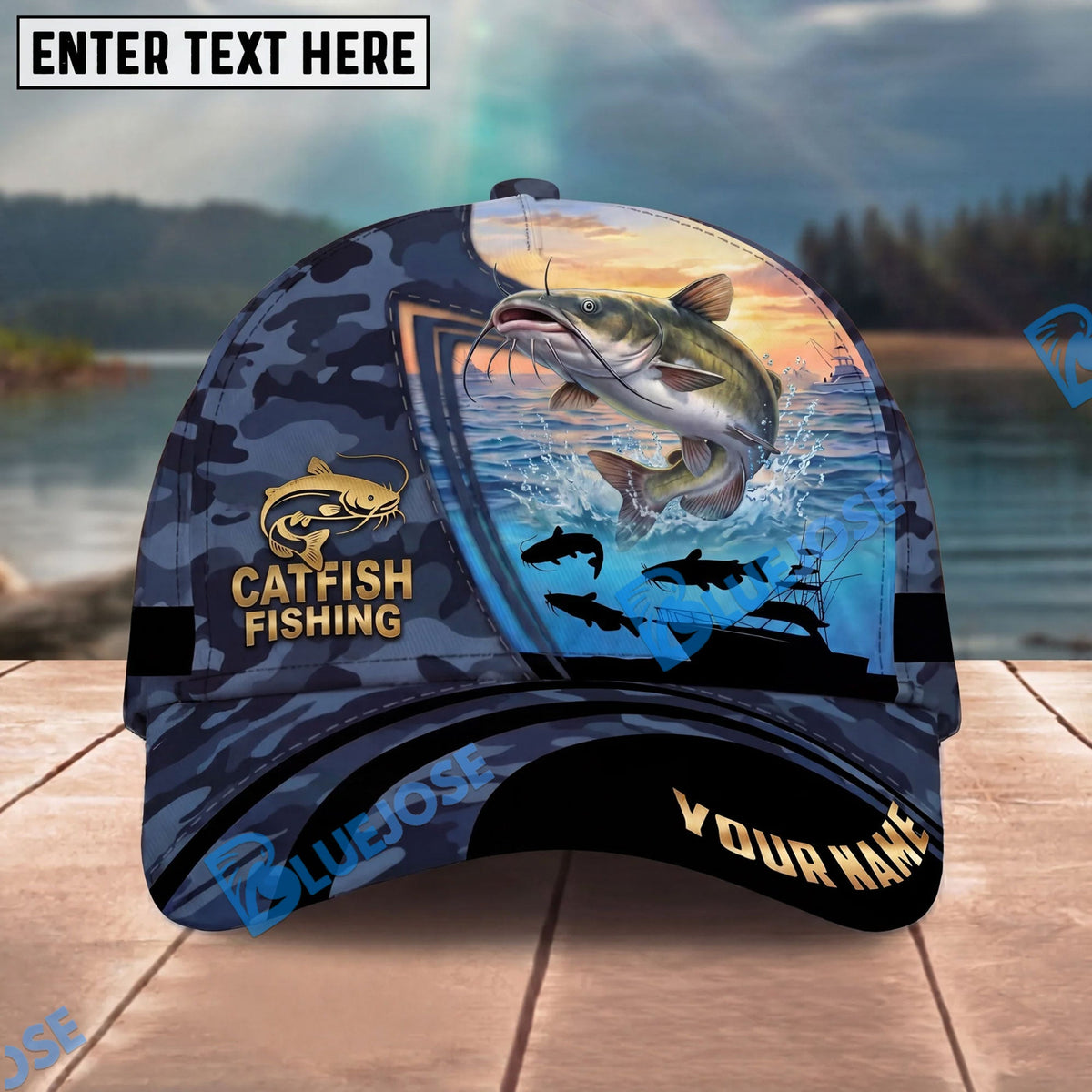 BlueJose Fishing Sunset Ocean Navy Camouflage Personalized Name Classic 3D Cap Personalized Cap (13 Breeds)