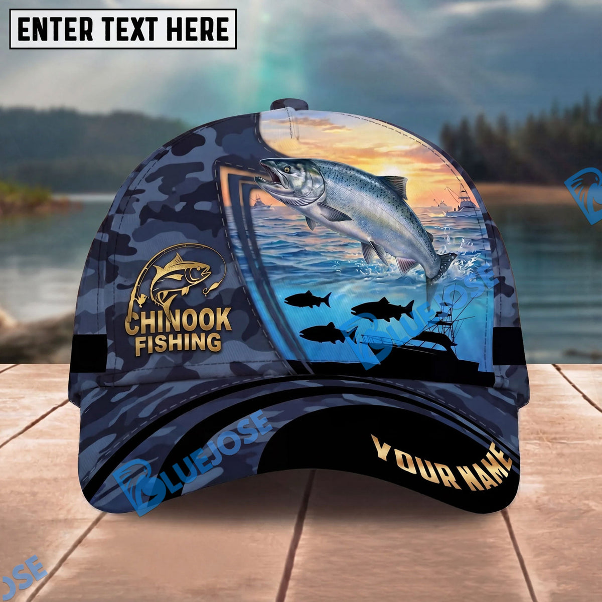 BlueJose Fishing Sunset Ocean Navy Camouflage Personalized Name Classic 3D Cap Personalized Cap (13 Breeds)