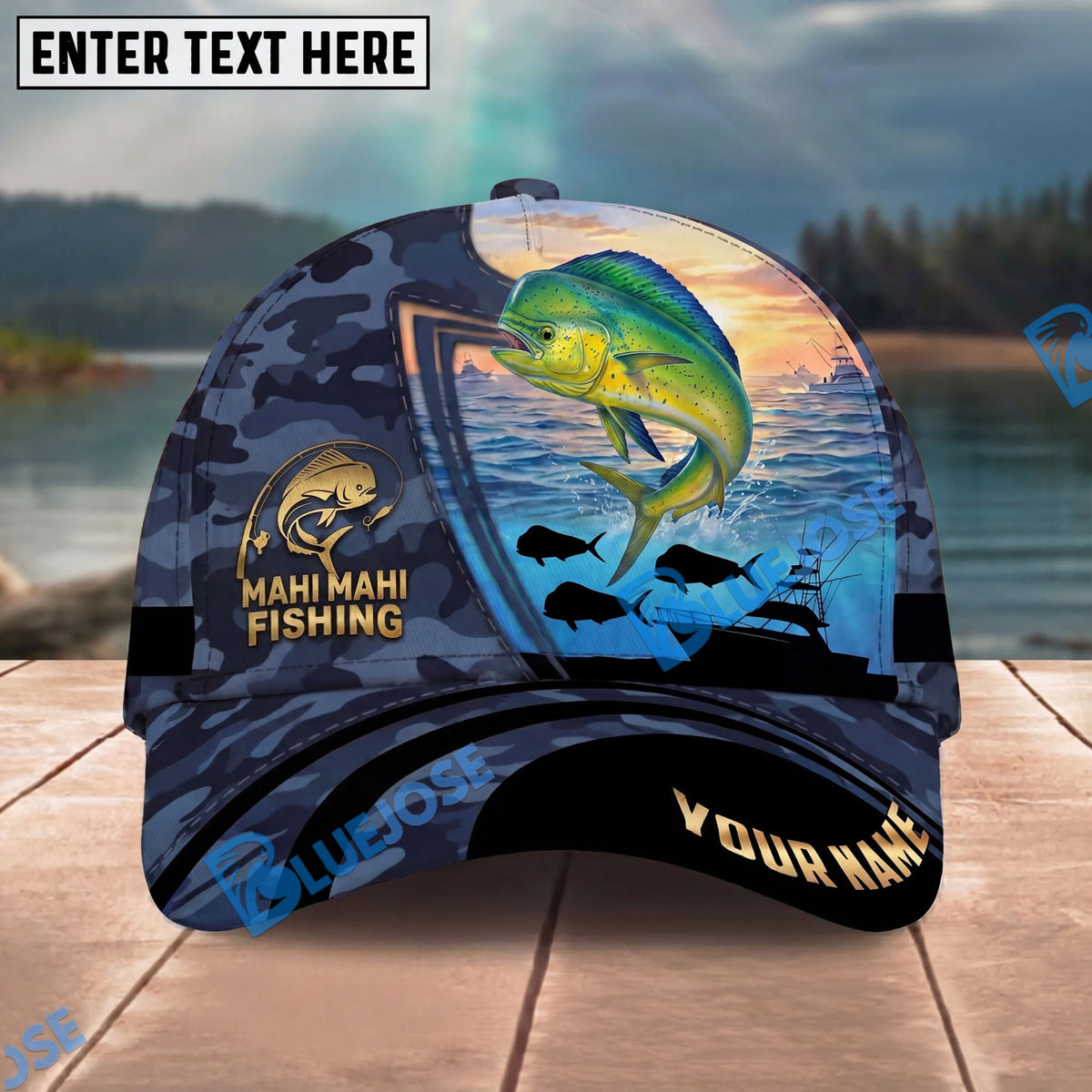BlueJose Fishing Sunset Ocean Navy Camouflage Personalized Name Classic 3D Cap Personalized Cap (13 Breeds)