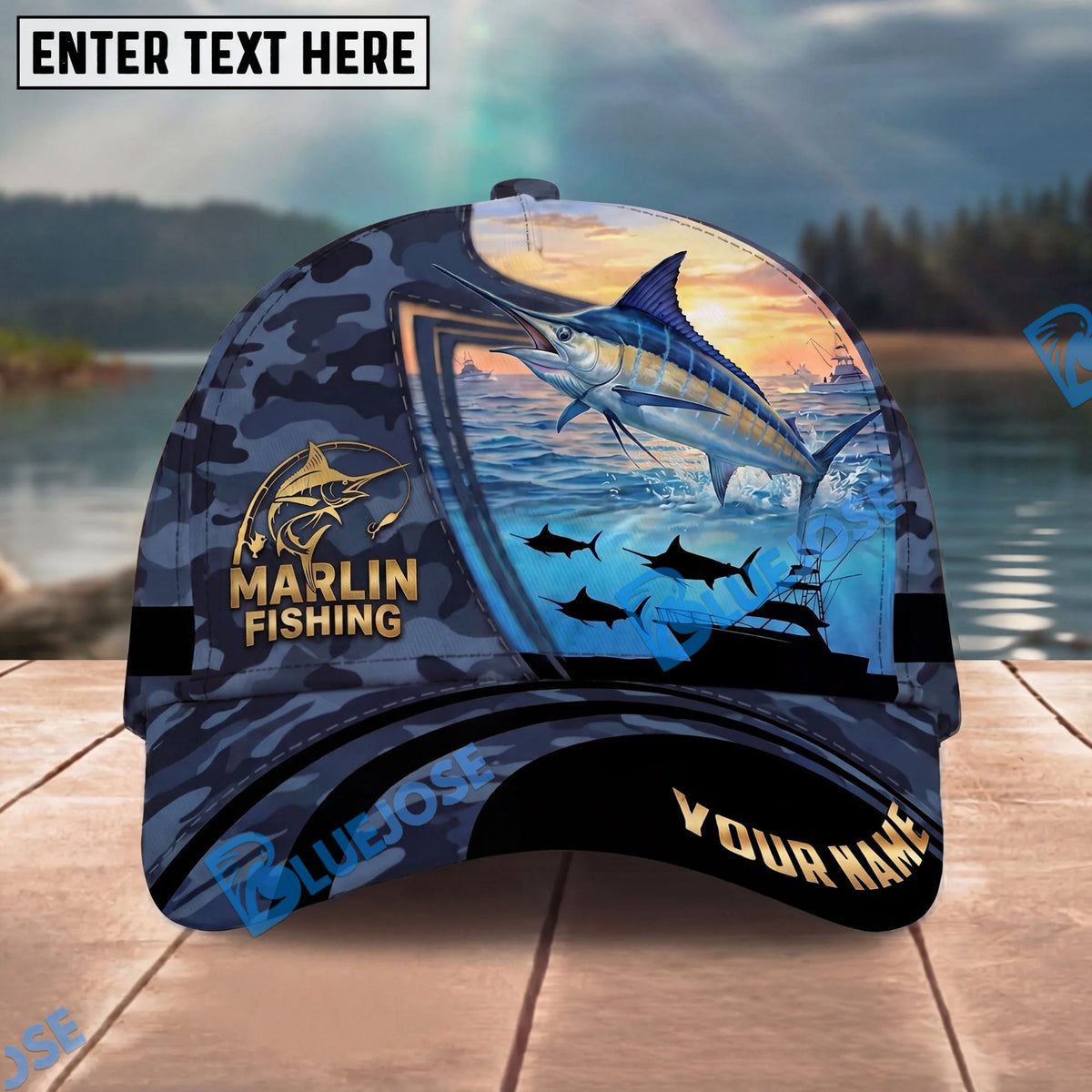 BlueJose Fishing Sunset Ocean Navy Camouflage Personalized Name Classic 3D Cap Personalized Cap (13 Breeds)