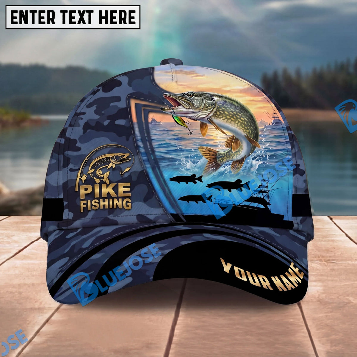 BlueJose Fishing Sunset Ocean Navy Camouflage Personalized Name Classic 3D Cap Personalized Cap (13 Breeds)