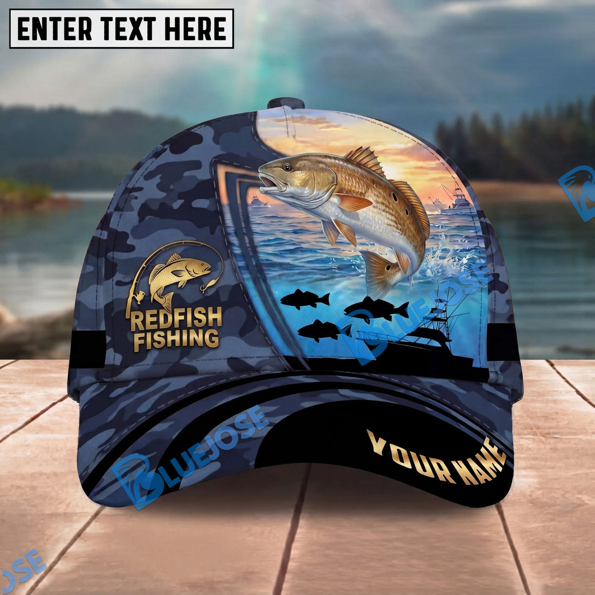 BlueJose Fishing Sunset Ocean Navy Camouflage Personalized Name Classic 3D Cap Personalized Cap (13 Breeds)