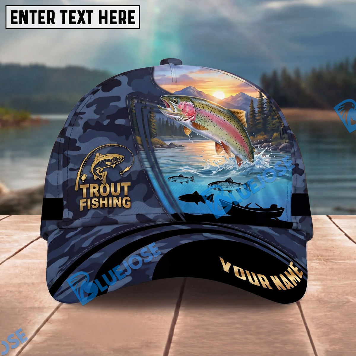 BlueJose Fishing Sunset Ocean Navy Camouflage Personalized Name Classic 3D Cap Personalized Cap (13 Breeds)