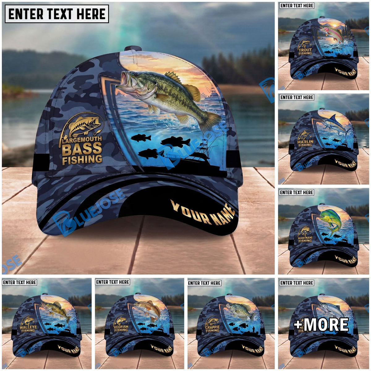 BlueJose Fishing Sunset Ocean Navy Camouflage Personalized Name Classic 3D Cap Personalized Cap (13 Breeds)