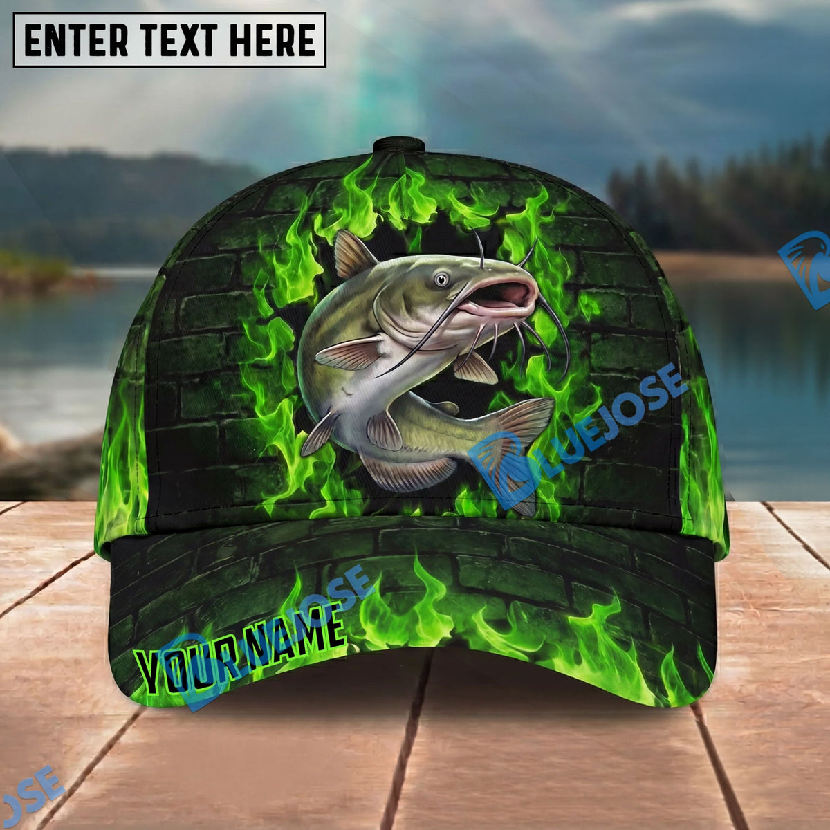 BlueJose Fishing Green Flame Brick Wall Personalized Name Classic 3D Cap Personalized Cap (13 Breeds)