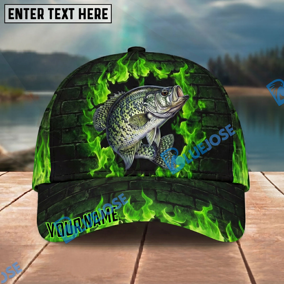 BlueJose Fishing Green Flame Brick Wall Personalized Name Classic 3D Cap Personalized Cap (13 Breeds)