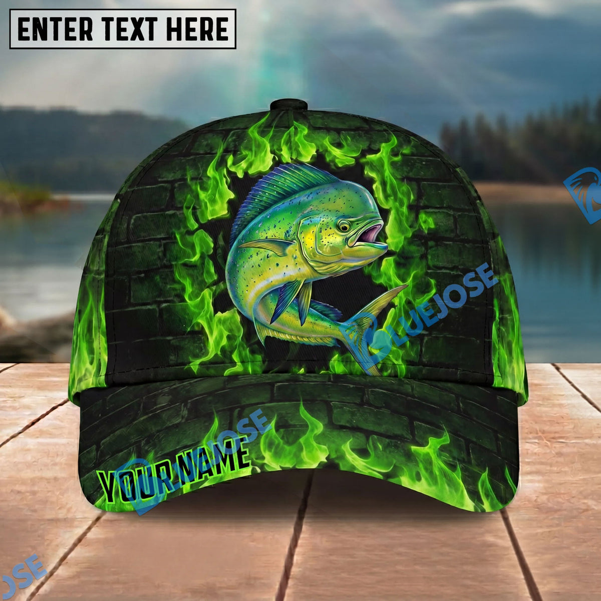 BlueJose Fishing Green Flame Brick Wall Personalized Name Classic 3D Cap Personalized Cap (13 Breeds)