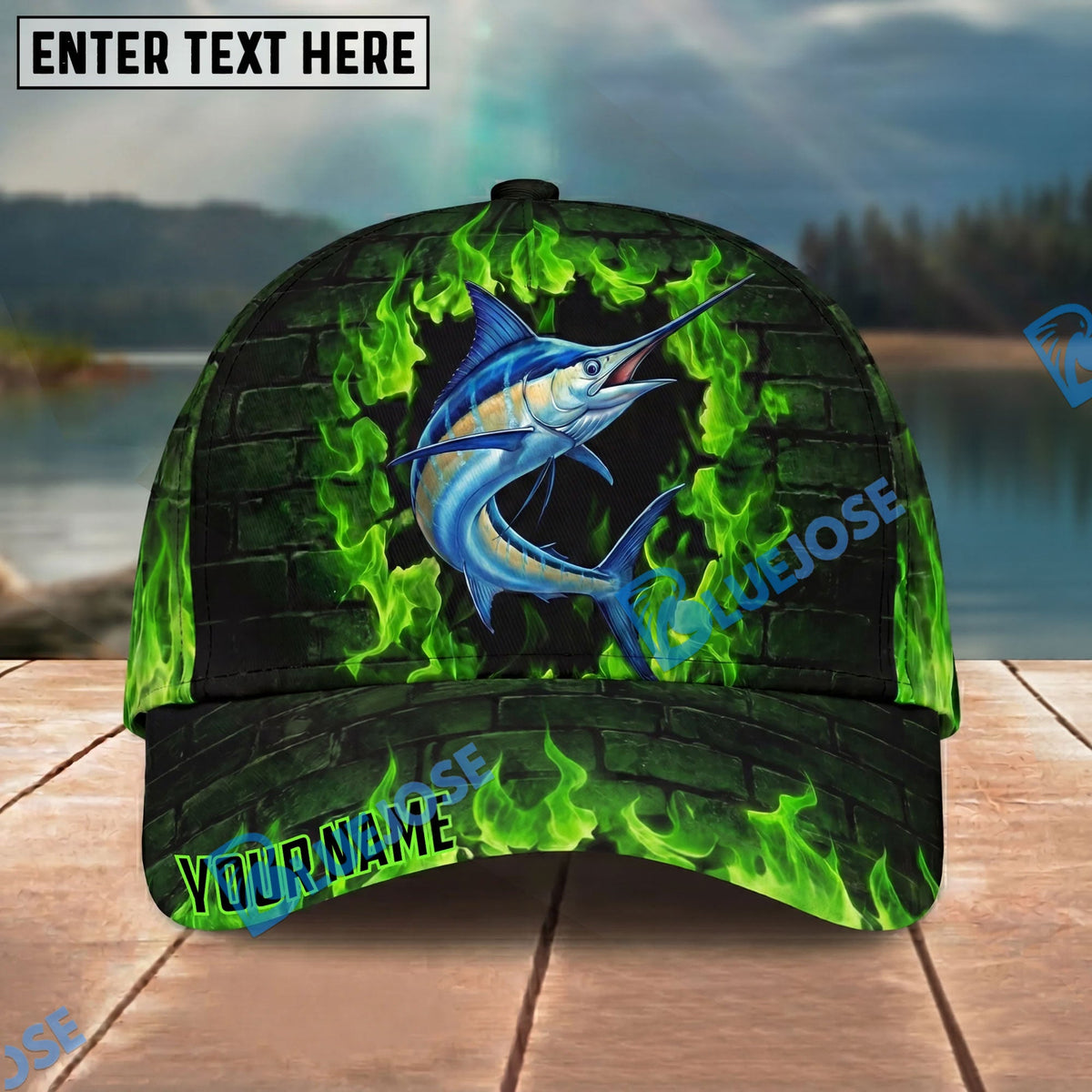 BlueJose Fishing Green Flame Brick Wall Personalized Name Classic 3D Cap Personalized Cap (13 Breeds)