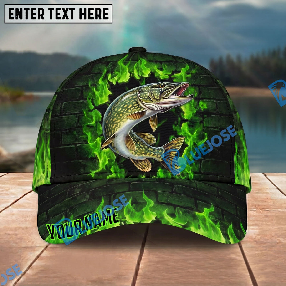 BlueJose Fishing Green Flame Brick Wall Personalized Name Classic 3D Cap Personalized Cap (13 Breeds)