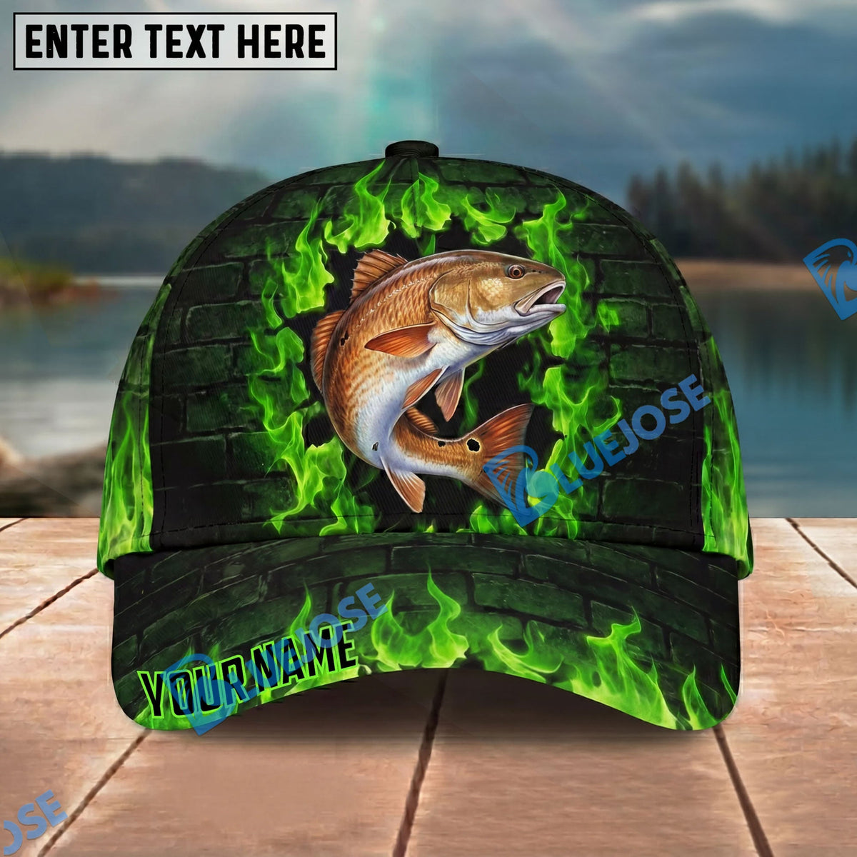 BlueJose Fishing Green Flame Brick Wall Personalized Name Classic 3D Cap Personalized Cap (13 Breeds)
