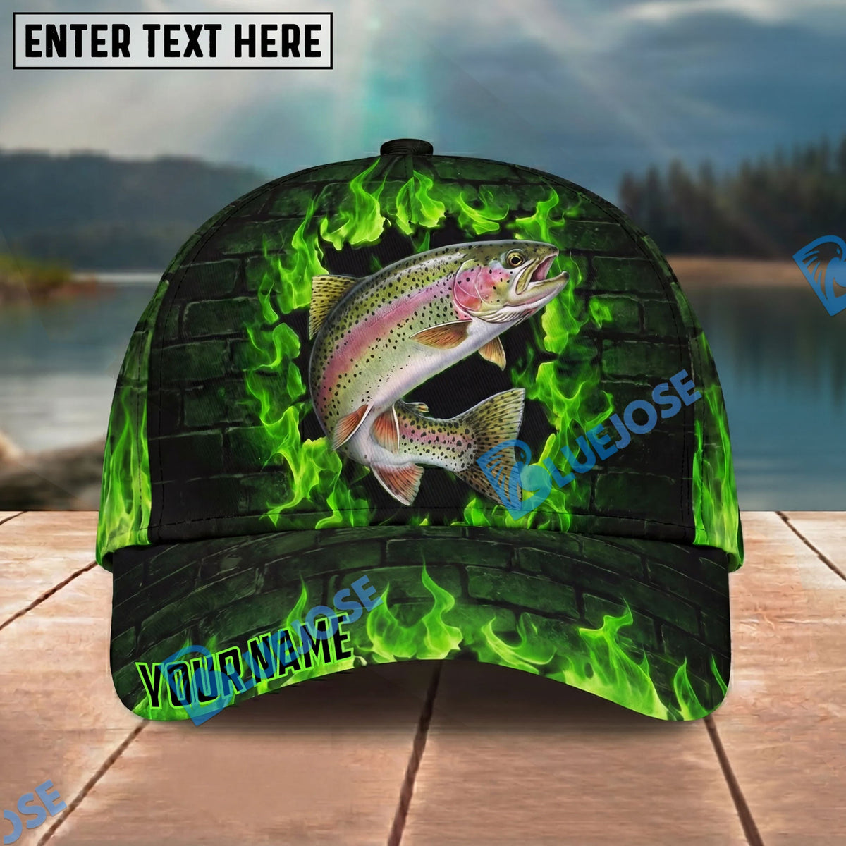 BlueJose Fishing Green Flame Brick Wall Personalized Name Classic 3D Cap Personalized Cap (13 Breeds)