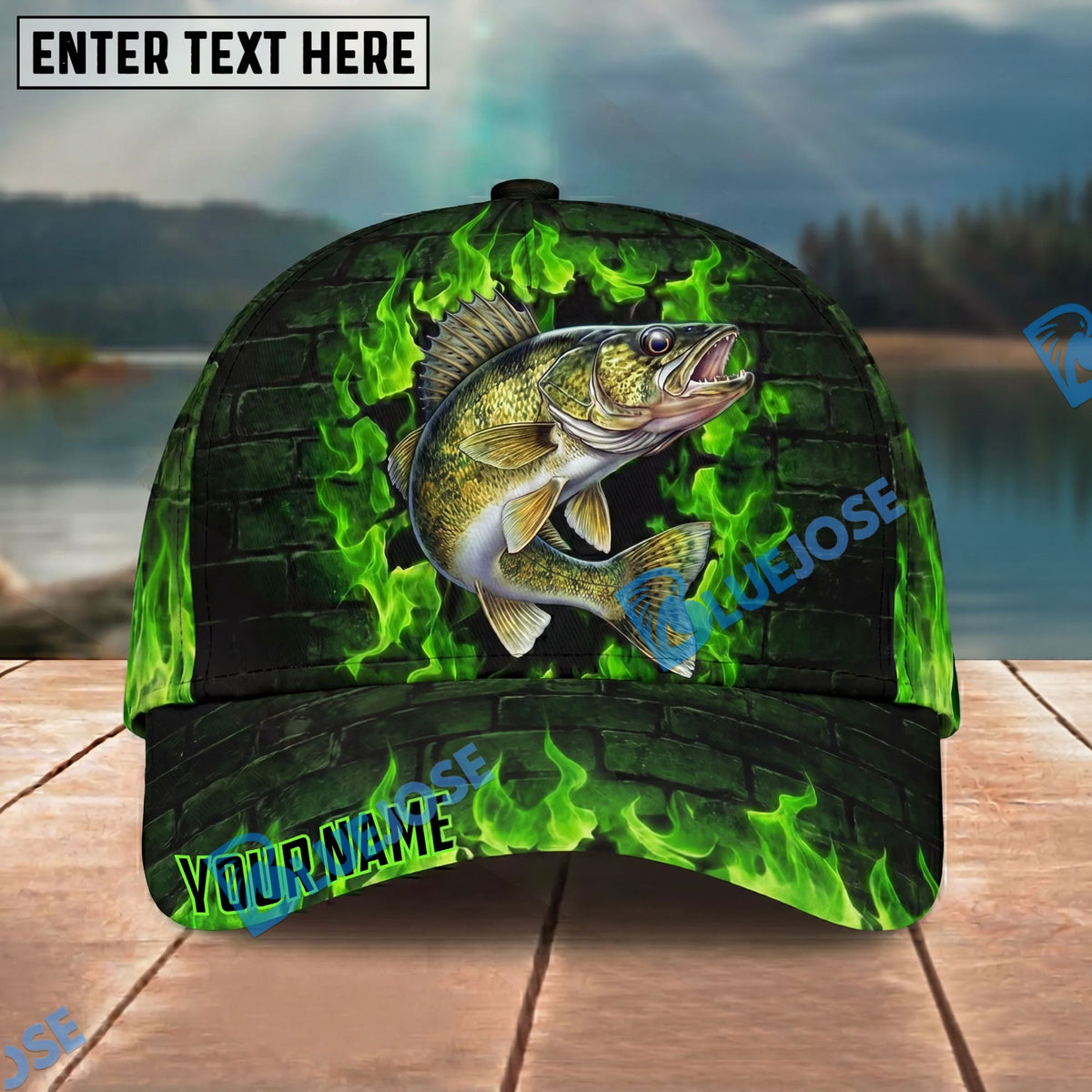 BlueJose Fishing Green Flame Brick Wall Personalized Name Classic 3D Cap Personalized Cap (13 Breeds)
