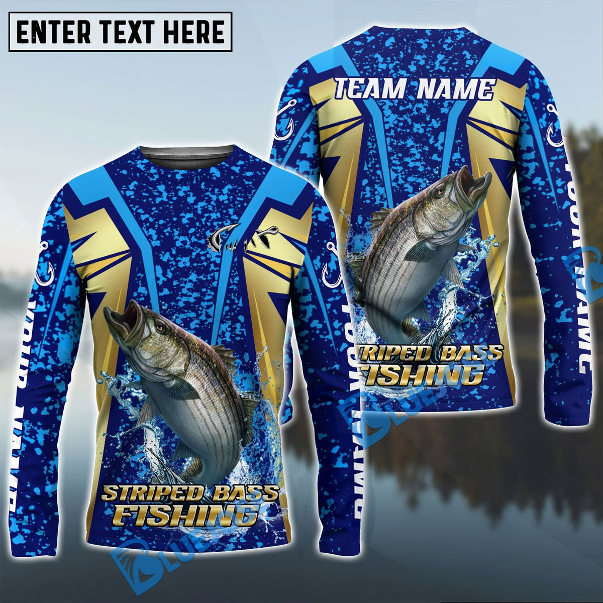 BlueJose Striped Bass Fishing Blue Gold Tournament Custom Name & Team Name 3D Shirts