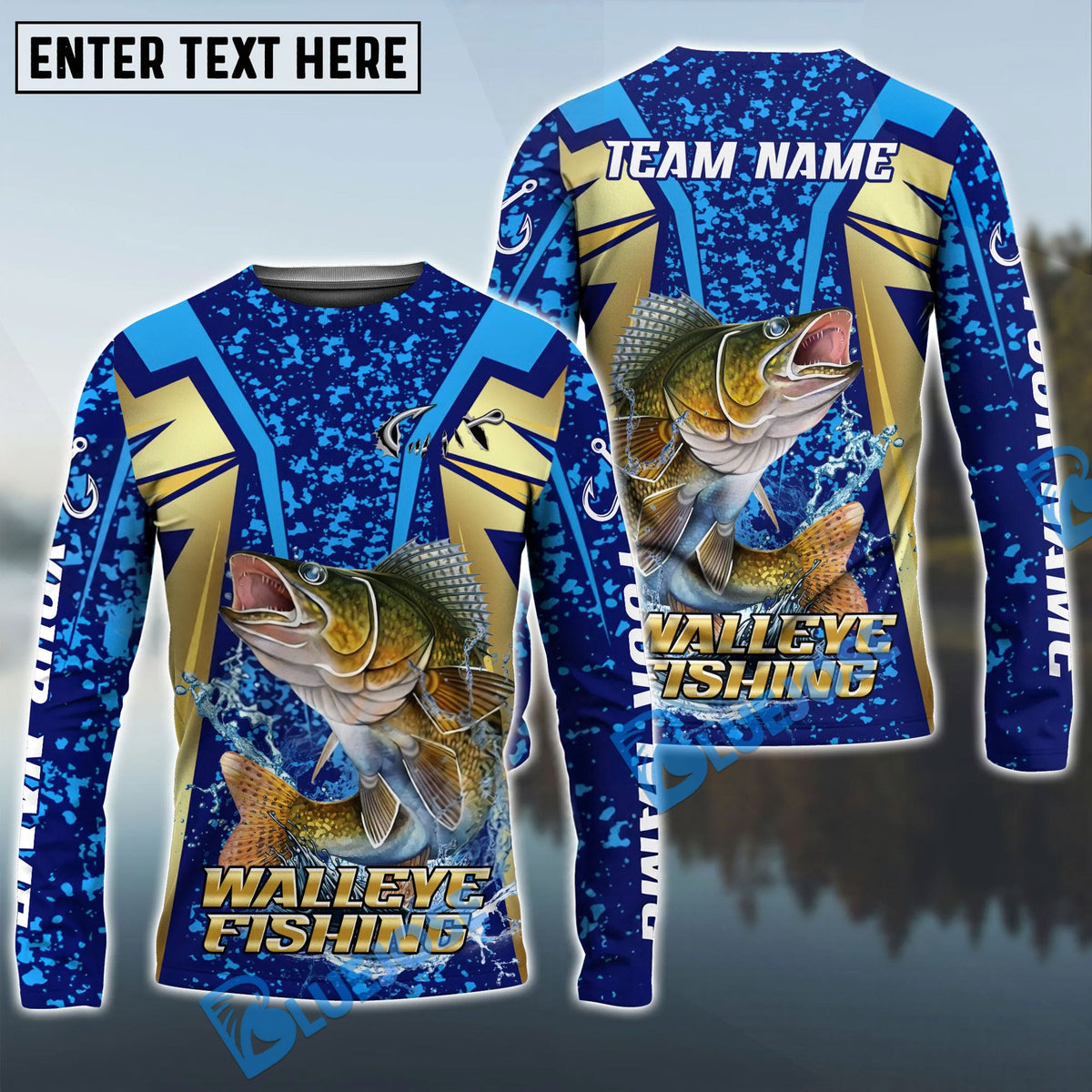 BlueJose Walleye Fishing Blue Gold Tournament Custom Name & Team Name 3D Shirts