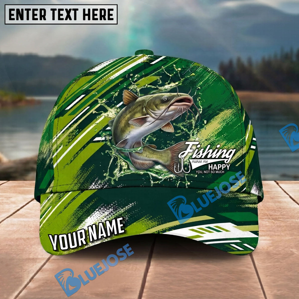 BlueJose Fishing Green Splash Strike Personalized Name Classic 3D Cap Personalized Cap (13 Breeds)