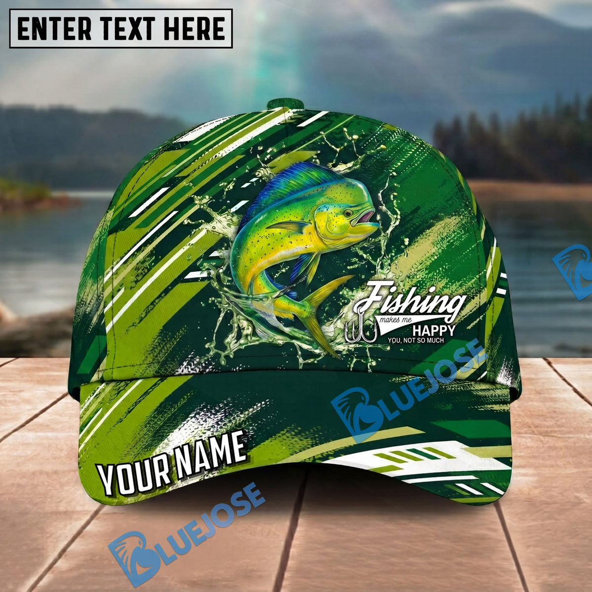 BlueJose Fishing Green Splash Strike Personalized Name Classic 3D Cap Personalized Cap (13 Breeds)