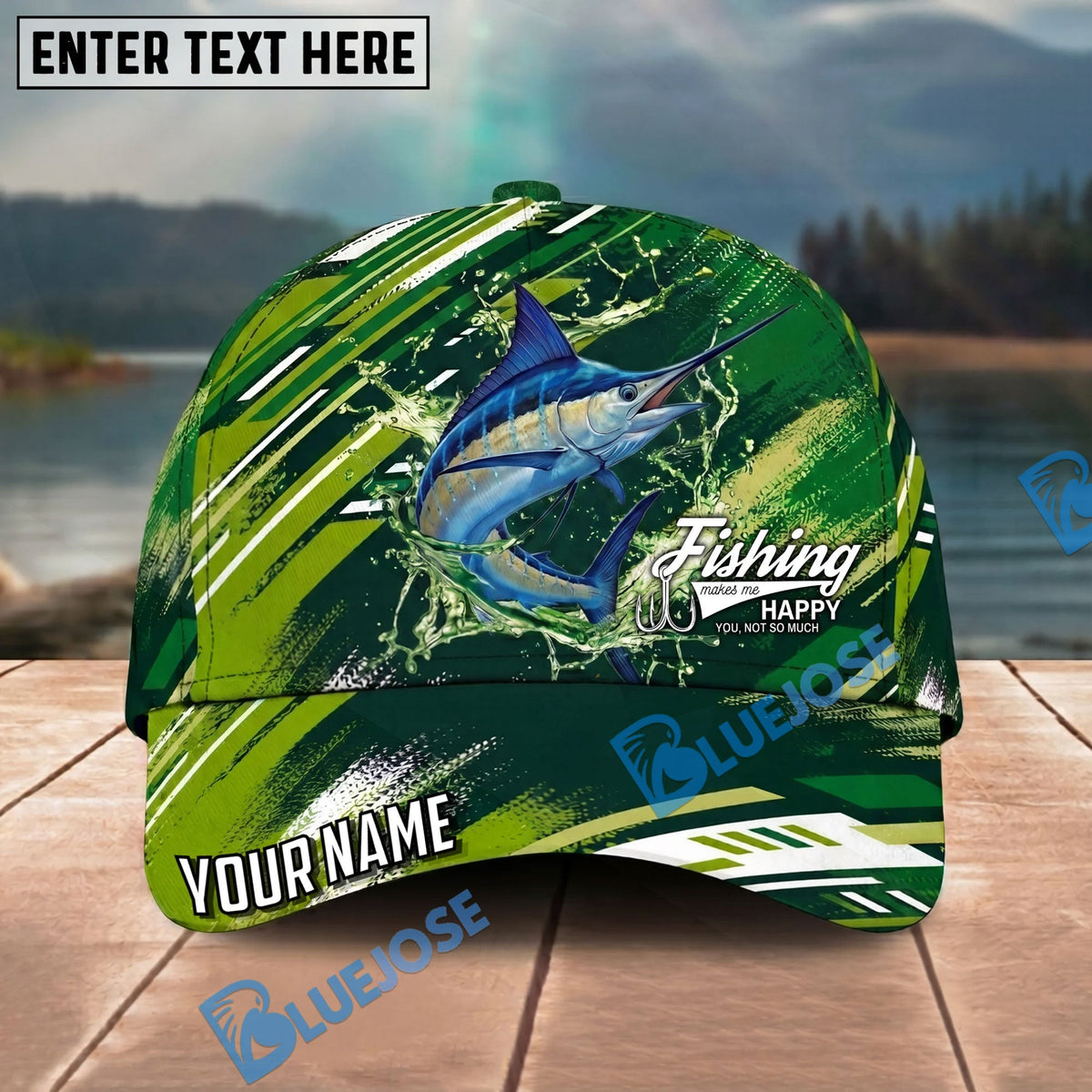 BlueJose Fishing Green Splash Strike Personalized Name Classic 3D Cap Personalized Cap (13 Breeds)