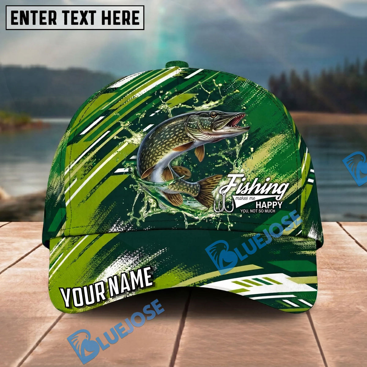 BlueJose Fishing Green Splash Strike Personalized Name Classic 3D Cap Personalized Cap (13 Breeds)