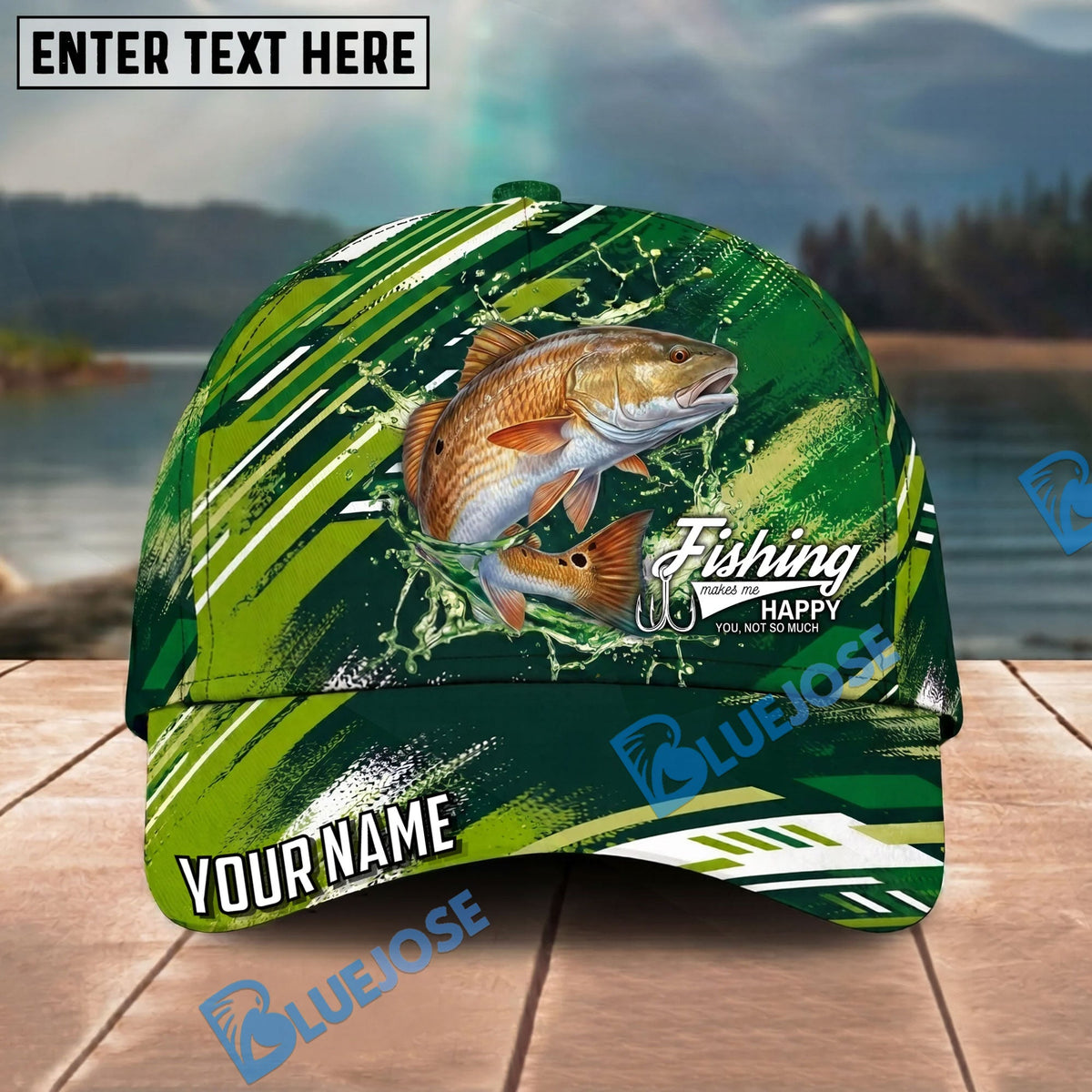 BlueJose Fishing Green Splash Strike Personalized Name Classic 3D Cap Personalized Cap (13 Breeds)