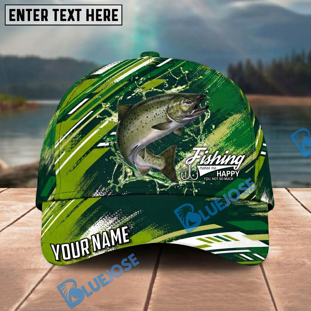 BlueJose Fishing Green Splash Strike Personalized Name Classic 3D Cap Personalized Cap (13 Breeds)