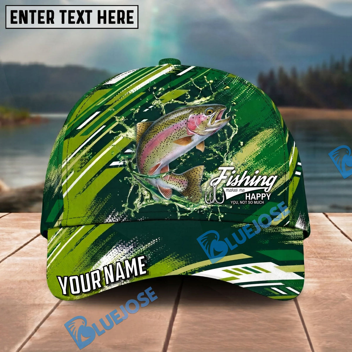 BlueJose Fishing Green Splash Strike Personalized Name Classic 3D Cap Personalized Cap (13 Breeds)
