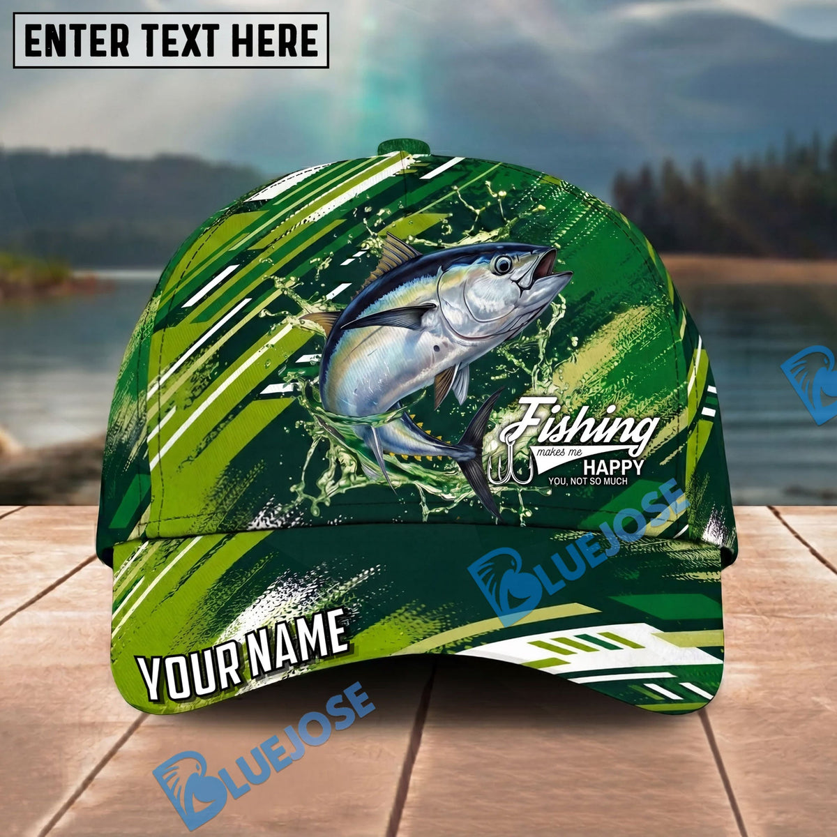 BlueJose Fishing Green Splash Strike Personalized Name Classic 3D Cap Personalized Cap (13 Breeds)