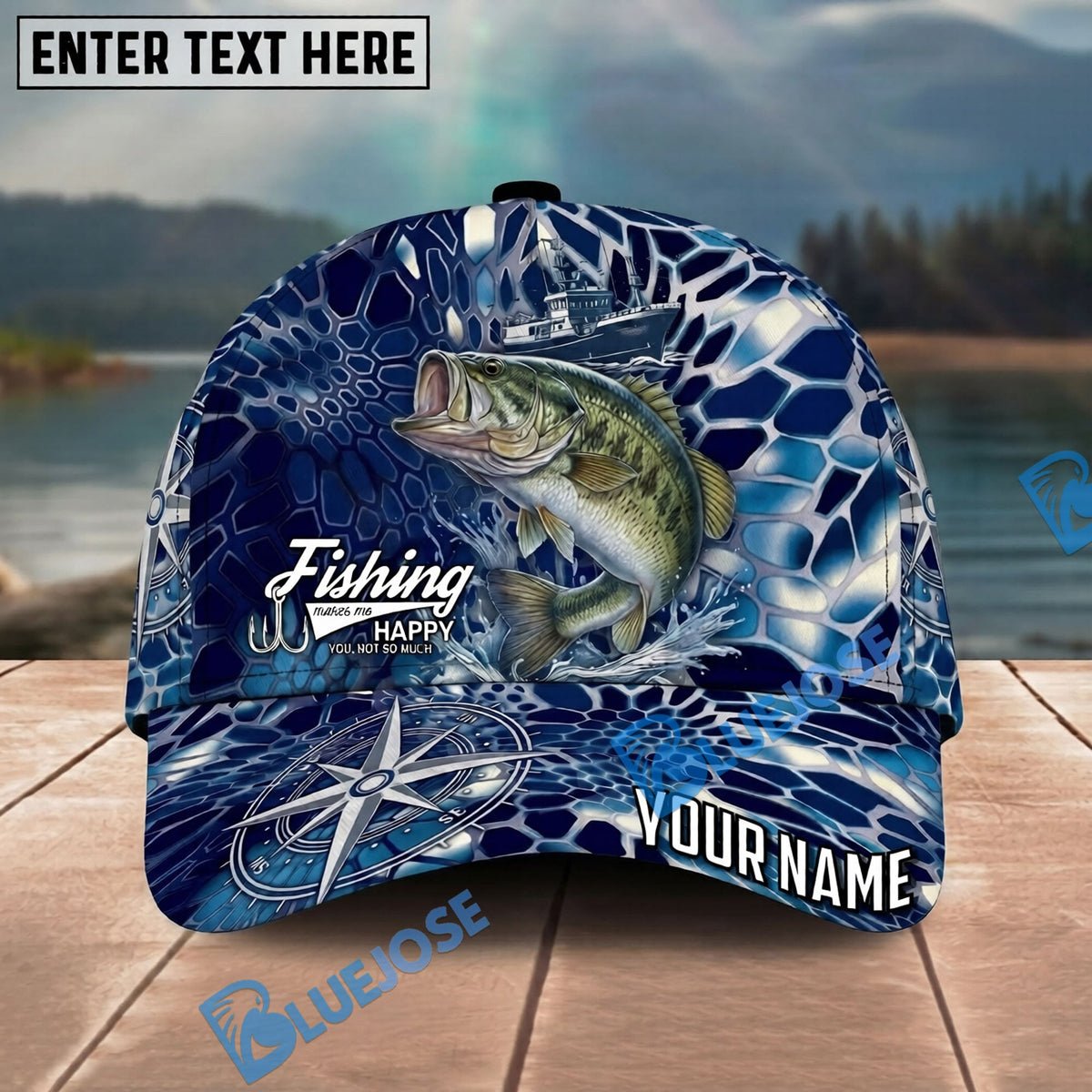 BlueJose Fishing Blue Ship Compass Personalized Name Classic 3D Cap Personalized Cap (13 Breeds)