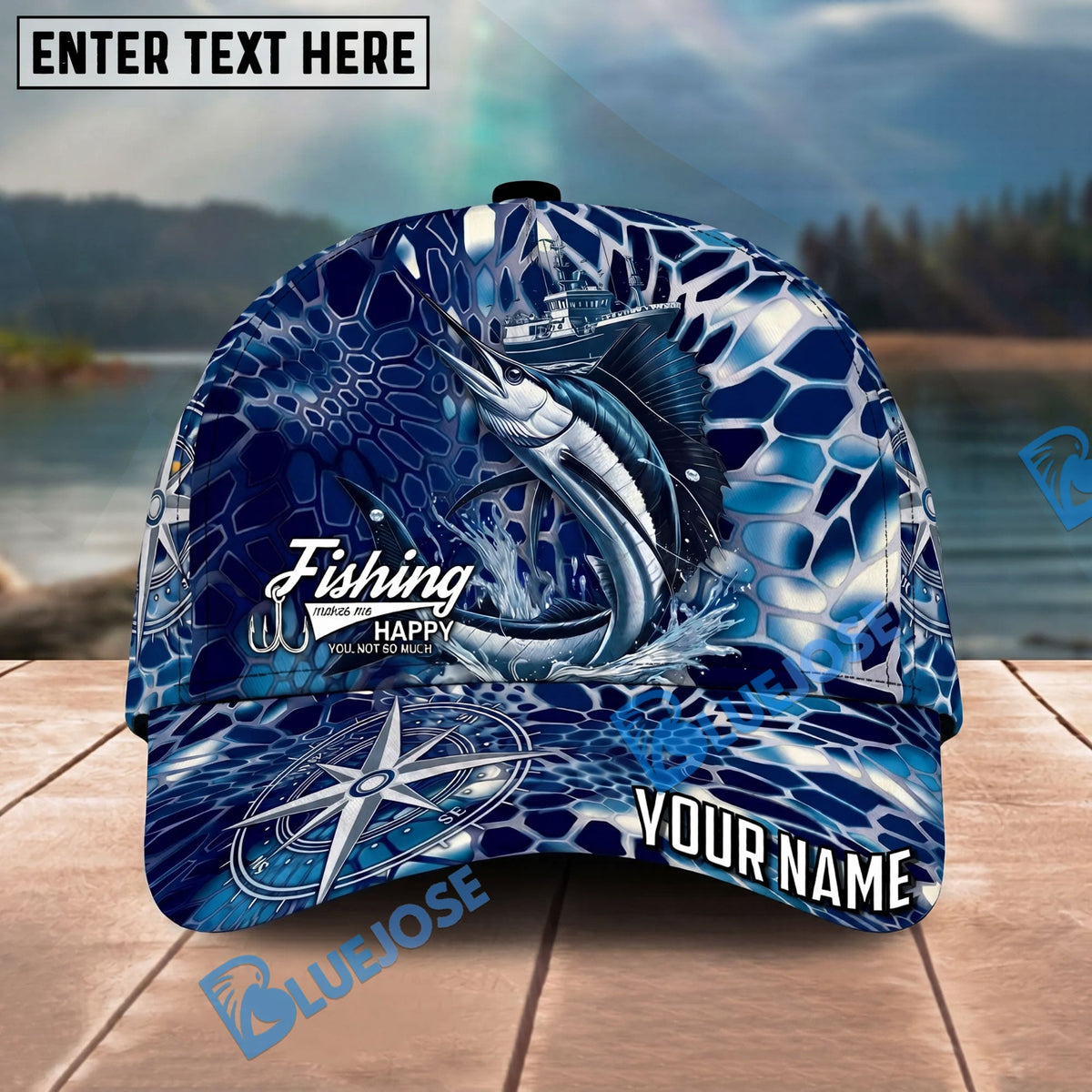 BlueJose Fishing Blue Ship Compass Personalized Name Classic 3D Cap Personalized Cap (13 Breeds)